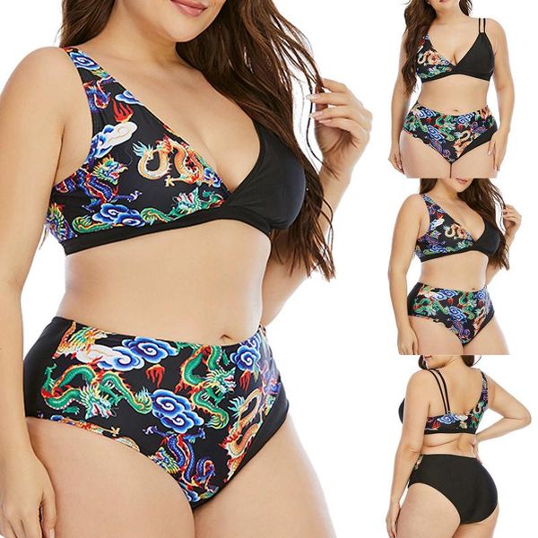 

women's swimwear 2021 women plus size bikini sets two piece fashion v-neck chinese styles splicing halter split large, White;black