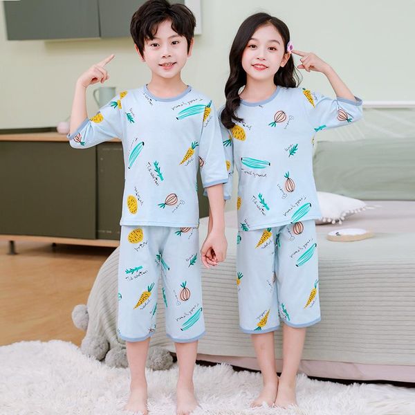 

pajamas teens half sleeve cotton pyjamas kids clothes sets cartoon big boy sleepwear cute for girls 4 6 8 10 12 14 years, Blue;red