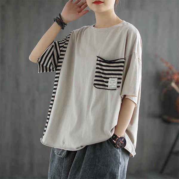 

women's t-shirt women summer fashion japan style striped patchwork pockets short sleeve o-neck cotton casual oversized t-shirts 08tz, White
