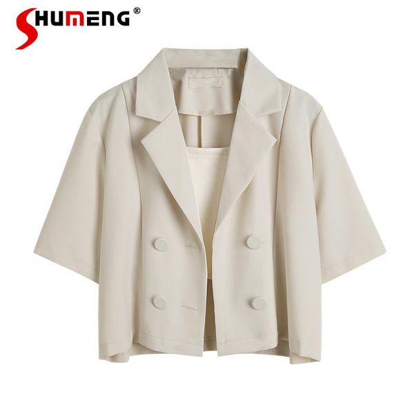 

women's jackets summer white small suit coat 2021 fashion double breasted business thin elegant loose short sleeve ladies, Black;brown