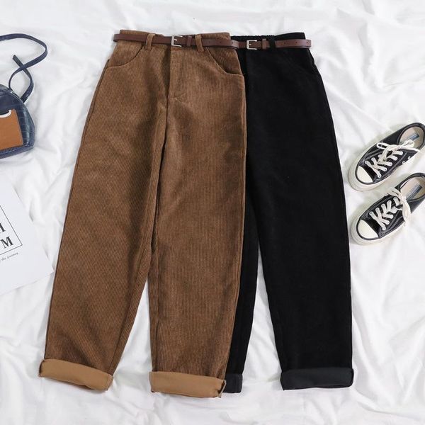 

women's pants & capris 2021 women corduroy high waist autumn vintage korean wide leg elegant belt loose cotton streetwear, Black;white