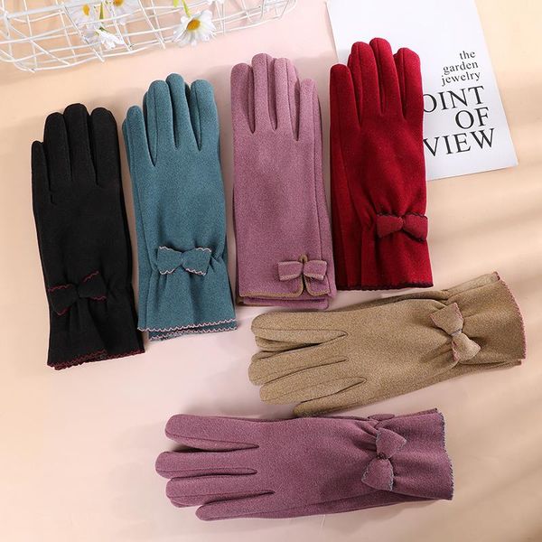 

five fingers gloves winter and autumn women touch screen windproof cycling plus velvet single layer thin bowknot cute for girls, Blue;gray