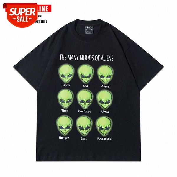 

streetwear men national tide american street alien print t-shirt retro hip hop loose round neck men's and women's short sleeve tre, White;black