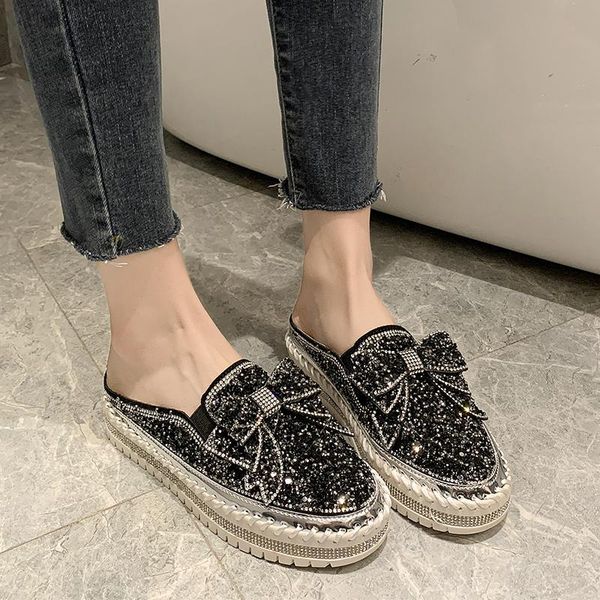 

2021 spring and summer fashion trend ladies flat round crystal slippers 1290, Black