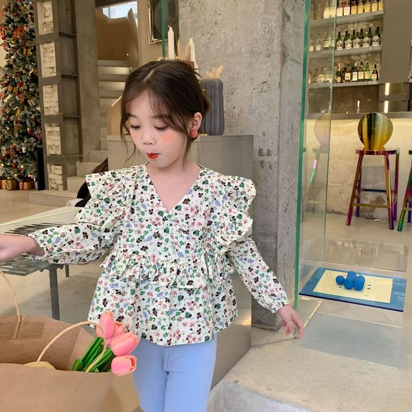 

2021 kids blouses new summer clothes baby girls floral print blouse toddler ruffle fly long sleeve girl v-neck casual colorful ov5z, White;black