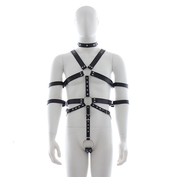 

men punk rivet leather harness body bondage cage bustier corset sculptin leather suspenders braces pants male belt, Black;white