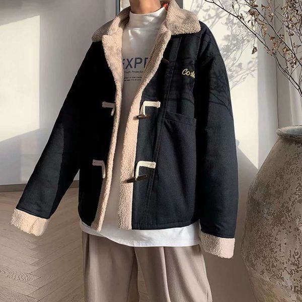 

lamb wool coat men's korean version loose and handsome trend versatile fashion brand tooling cotton padded clothes, Black;brown
