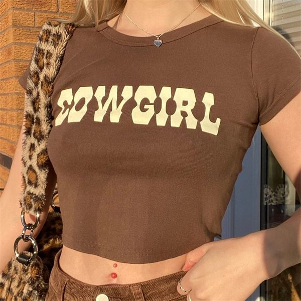 

cowgirl print crop women summer short sleeve round neck cotton graphic tees t shirt slim streetwear t-shirt y2k new 210317, White