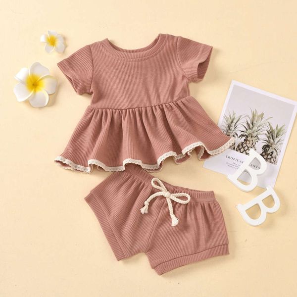 

wear solid new round neck short sleeve pattern stitching embroidered bow shorts children's suit, White