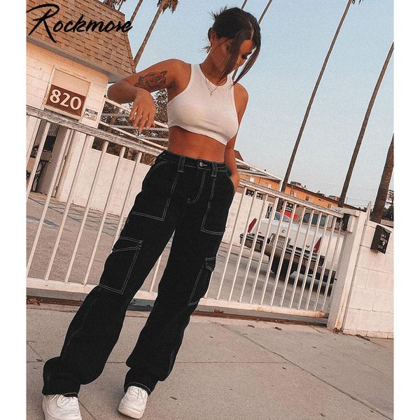 

rockmore high waist jeans woman wide leg denim boyfriend streetwear clothing quality fashion harajuku pocket straight pants 210302, Blue