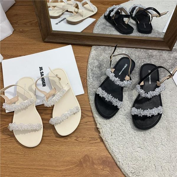 

sandals 2021 chic crystal flower modern women summer shoes buckle belt sandalias mujer slippers fairy diamond gladiator sandales, Black
