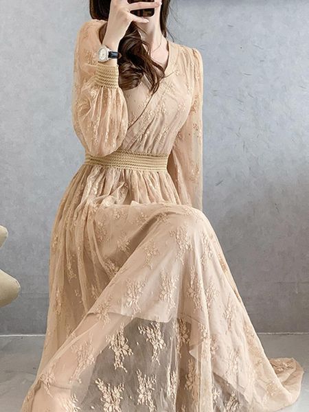 

casual dresses girly style v-neck lace midi dress, spring and autumn high waist solid color women's clothing long dress grenadine skirt, Black;gray