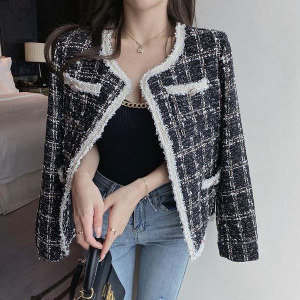 

women's jackets french vintage tweed jacket coat 2021 autumn winter small fragrance woolen short coats women long sleeve casual outwear, Black;brown