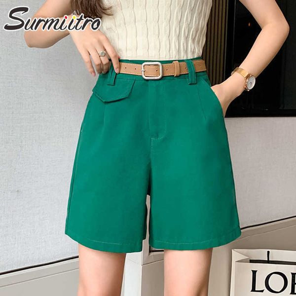 

surmiitro summer fashion green black white shorts women korean style high waist wide leg short pants female with belt 210712, White;black