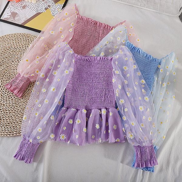 

women's blouses & shirts 2021 summer women square collar puff sleeve basic ruffles shirt lady short elastic slim flower embroidery gauz, White