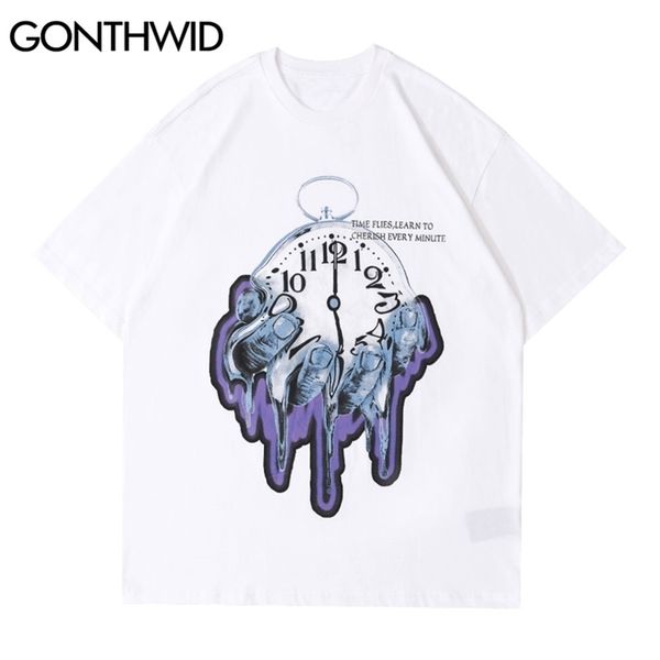

gonthwid tshirts hip hop hand clock print oversized tees streetwear fashion harajuku short sleeve t-shirts hipster cotton 210714, White;black