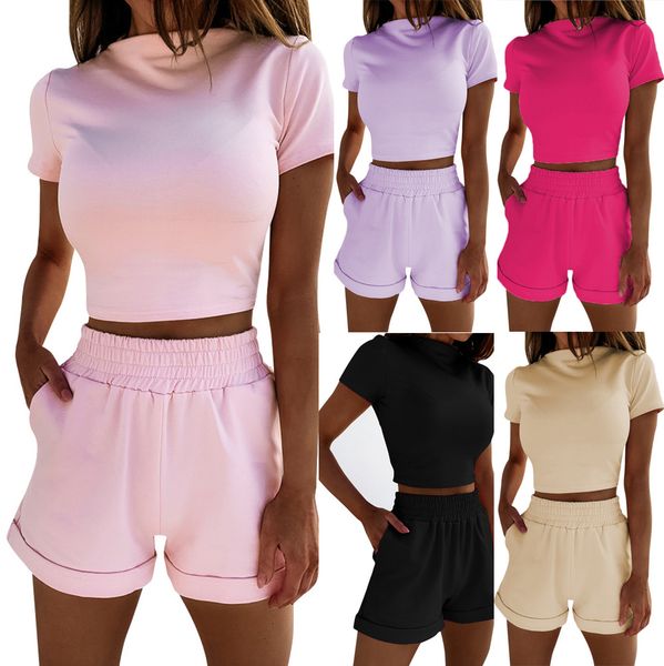 

women's tracksuits summer casual 6-color solid color suit short-sleeved t-shirt high-waist midriff-baring elastic waist shorts two piec, Gray