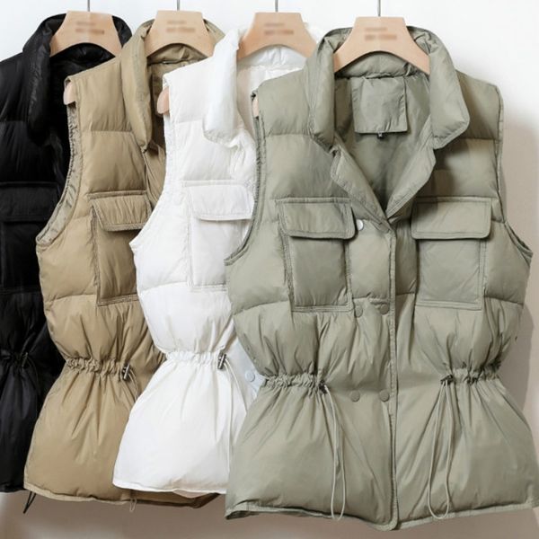 

winter women vest cotton sleeveless jacket waistcoat warm solid s slim pockets women's white duck down s 210603, Black