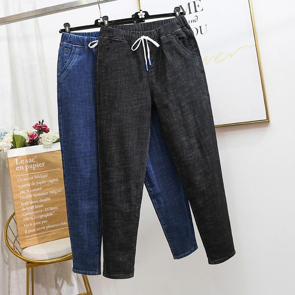 

women's jeans 5xl plus size boyfriend for women casual vintage high waist 2021 denim harem pants elastic femme, Blue