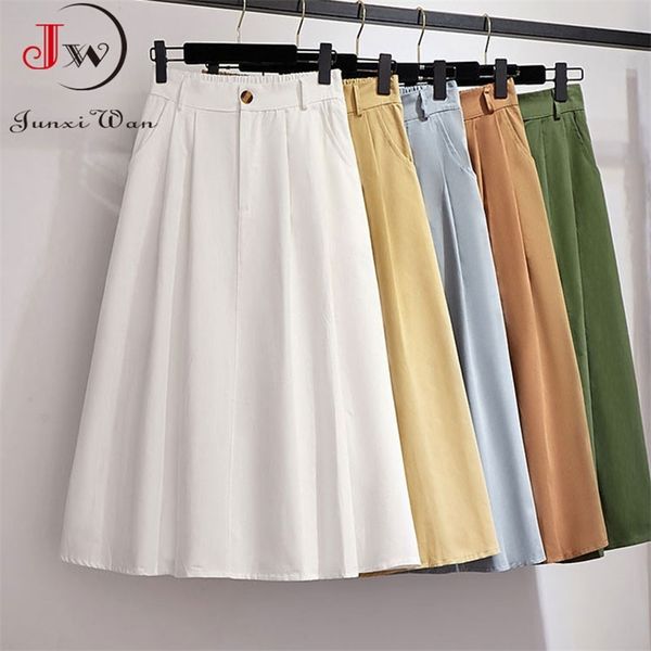 

women cotton skirt spring summer preppy style solid casual elegant pocket elastic high waist a-line midi skirts faldas 210629, Black