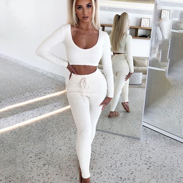 

winter sweater two piece set womens tracksuits knit fuzzy pants long sleeve crop 2 outfits trousers knitted suit, Gray