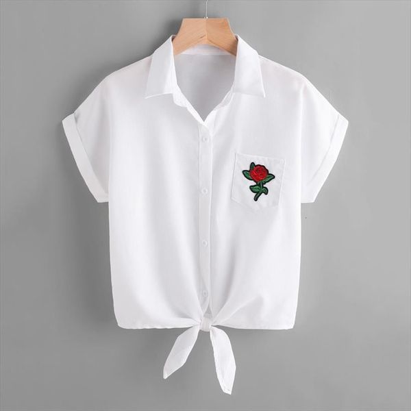 

rose flower print white women shirt short sleeve button