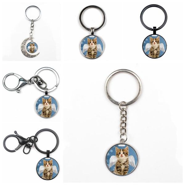 

keychains cute angel kitten crystal pendant man woman keychain quality car charm bag keyring fashion glass round key chain gift couple, Silver