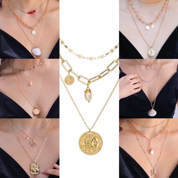 

chains bohemian gold necklaces for women multilayer fashion pearl pendants necklace portrait coin chokers trendy jewelry gift, Silver