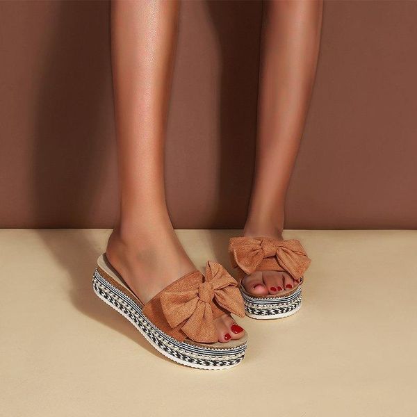 

slippers house platform butterfly-knot shoes slides low big size rome basic rubber fabric hoof heels cotton, Black