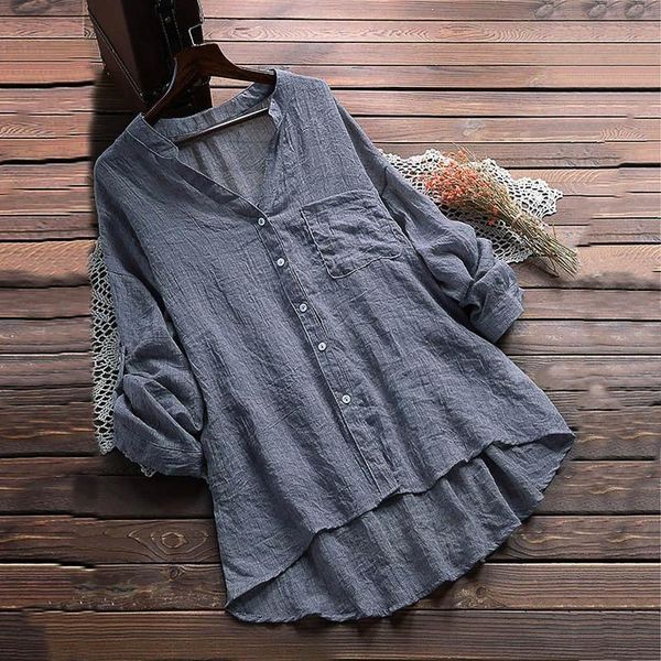 

women's blouses & shirts summer cotton linen blouse soild fashion long sleeve v-neck tunic buttons casual pocket for women haut femme, White