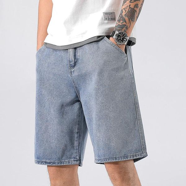 

men's jeans denim shorts clothing spring and summer thin fashion loose out trend straight tube holed pants sports capris, Blue