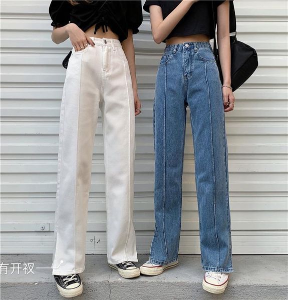 

women's jeans spring autumn white women baggy high-waisted straight-leg pants ladies streetwear button wide-leg slit denim trousers, Blue