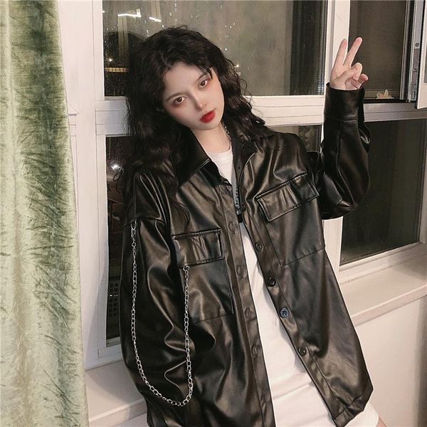 

women's leather & faux japanese casual women loose moto jacket outerwear korean high street coat chic streetwear long sleeve black