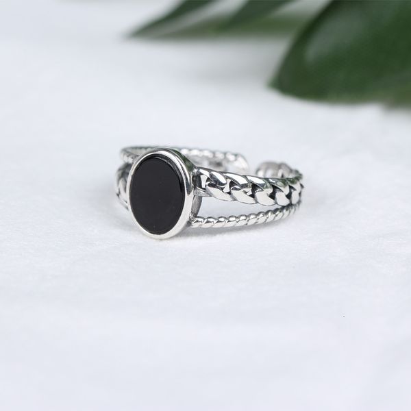 

tyj076 us s925 sterling silver ring with black agate chain opening ring