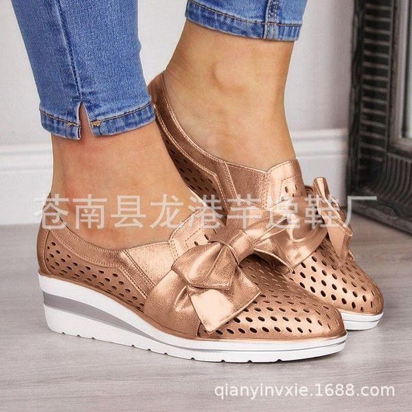 

dress shoes summer women sandals 2021 round head leisure hollow out cave sweet bow flat bottom slope heel rome loafers footwear, Black