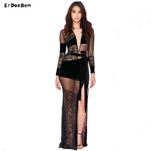 

casual dresses erdaoben women black v neck meshlace prom evening gowns lace long dress h0302, Black;gray