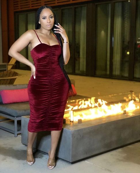 

quality fashion design velvet solid women dress spaghetti strap ruched celebrity party midi vestidos, Black;gray