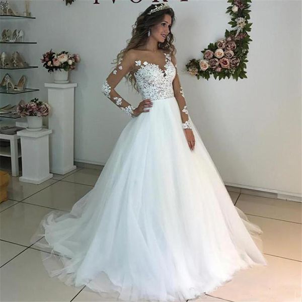 

2022 long sleeve sweep train wedding dress illusion scoop neck tulle gown with lace appliqued bridal dresses vestido de novia robe mariee, White