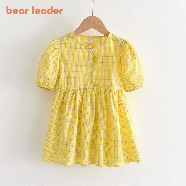 

bear leader girls casual summer dresses fashion kids plaid princess costumes puff sleeve children vintage clothing 3-7y 210708, Red;yellow