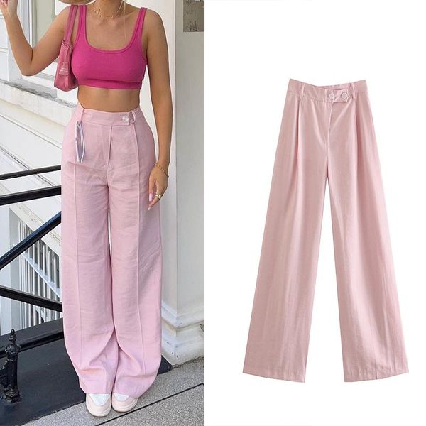 

women's pants & capris high street loose wide leg za 2022 women with double breasted summer trouser chic side pockets female casual, Black;white