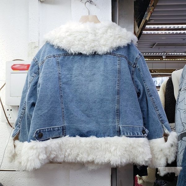 

women's jackets winter thicken denim female jacket loose wool adjustment of fake lamb quilted warm high street fashion jean outerwear, Black;brown