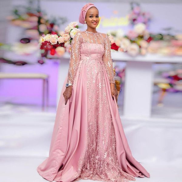 Vestidos de casamento de renda rosa cor-de-rosa gracioso vestidos de jóia rosa pescoço de mangas compridas árabes vestidos de noiva árabe com trem destacável mais tamanho satin robe de mariée