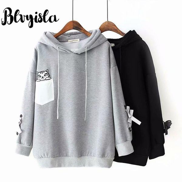 

women's hoodies & sweatshirts blvyisla 3xl oversize cute cartoon sport hooded student women japanese buckle bandage harajuku pullover, Black