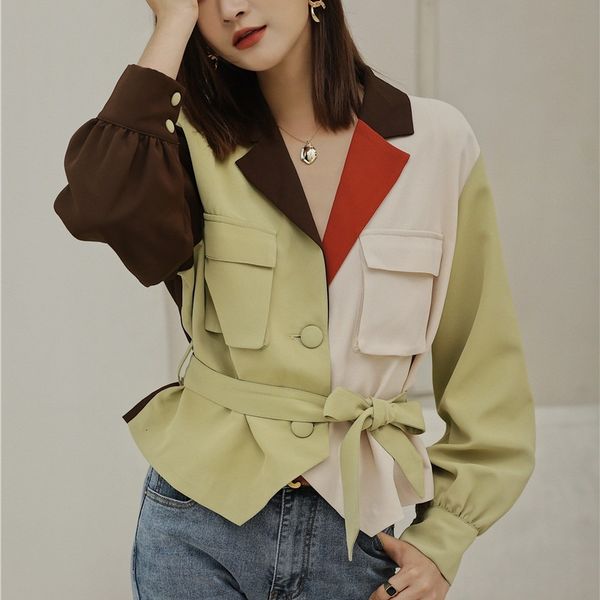 

2021 french retro autumn new contrast color spliced shirt fashion design notched coat women jacket b16z, Black;brown