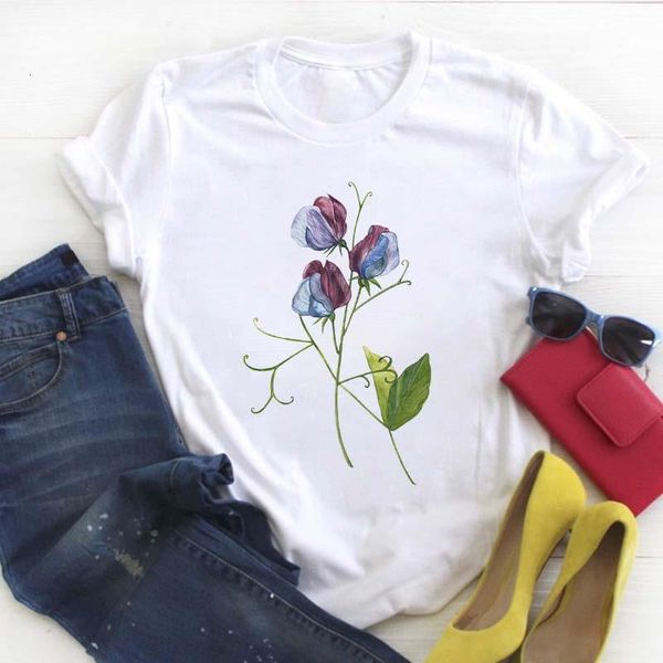 

women flower tshirt summer wild plant clothes ladies short sleeve kawaii tees graphic printed tshirt female t-shirt female, White