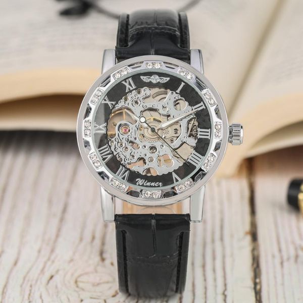 

wristwatches men mechanical watches luxury design diamond clock skeleton wristwatch leather strap male hand-winding watch drop reloj, Slivery;brown