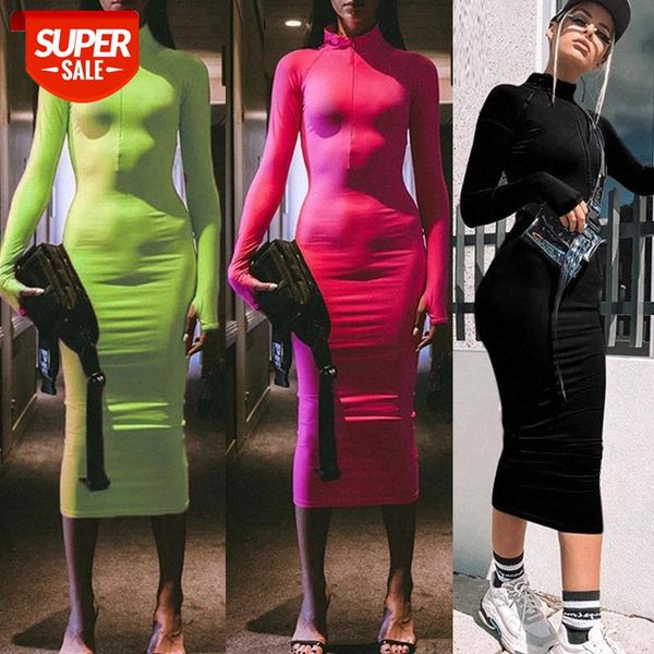 

neon green midi dresses women new half open zip collar solid wrap hip bodycon dress turtleneck long sleeve slim black dress #tt5n, White;black