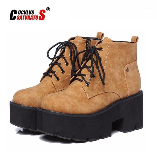 

boots cuculus punk women ladies platform high heel winter shoes motorcycle ankle waterproof snow lace up 20021, Black