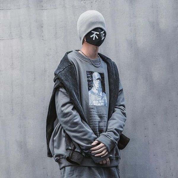 

men's hoodies & sweatshirts character print hip hop cotton o-neck men casual loose streetwear long sleeve pullover male grey spring tra, Black