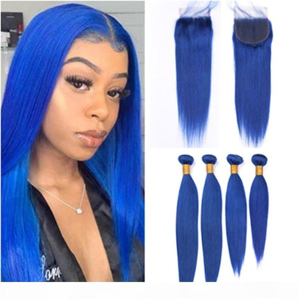

dark blue virgin hair closure with 4 bundles pure blue color peruvian straight human hair weaves extensions with lace closure 4x4, Black;brown